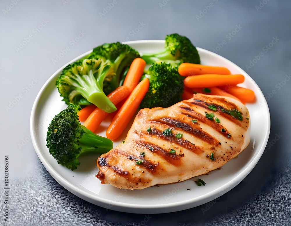 Grilled Chicken Breast with Steamed Veggies. A serving of grilled chicken breast paired with steamed broccoli and carrots Grilled Chicken Breast with Steamed Veggies. A serving of grilled chicken breast paired with steamed broccoli and carrots