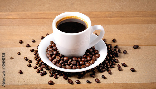 White coffee cup and coffee beans on old wooden background