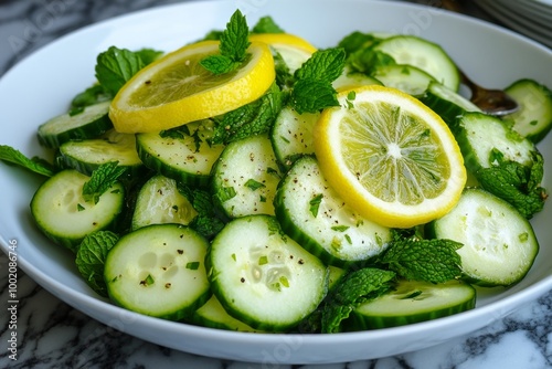 A refreshing cucumber and mint salad, garnished with lemon slices for a light and healthy summer dish