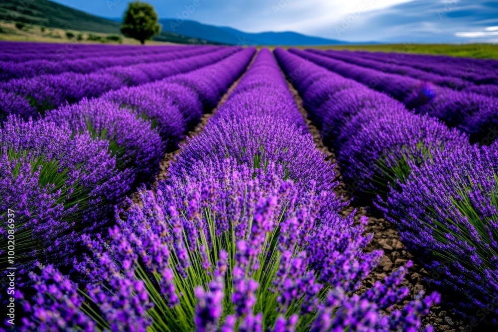 Obraz premium A rolling field of lavender under a deep blue sky, with rows of purple blooms stretching toward the horizon and a single tree in the distance