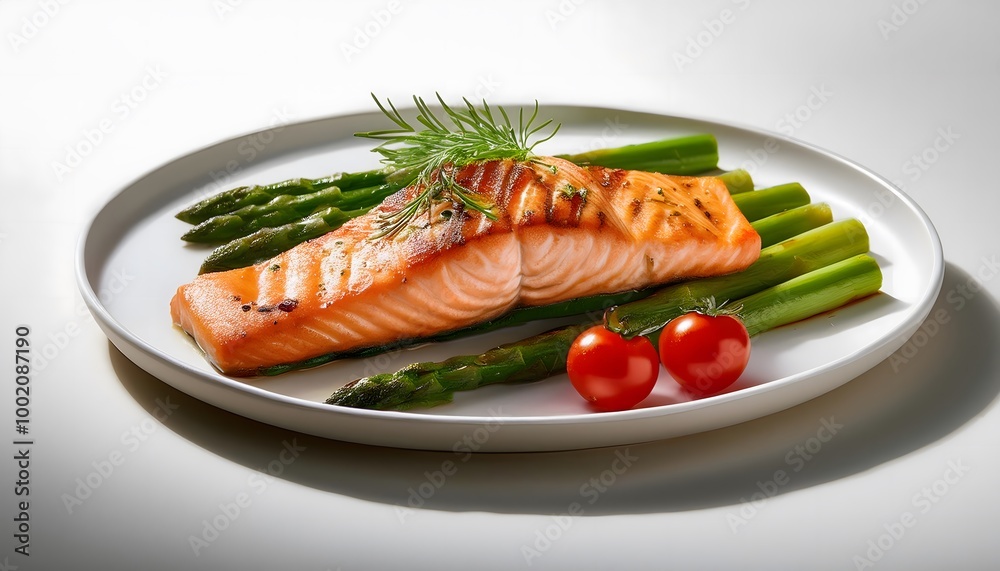 Grilled Salmon with Vegetables. A serving of grilled salmon with asparagus and cherry tomatoes Grilled Salmon with Vegetables. A serving of grilled salmon with asparagus and cherry tomatoes