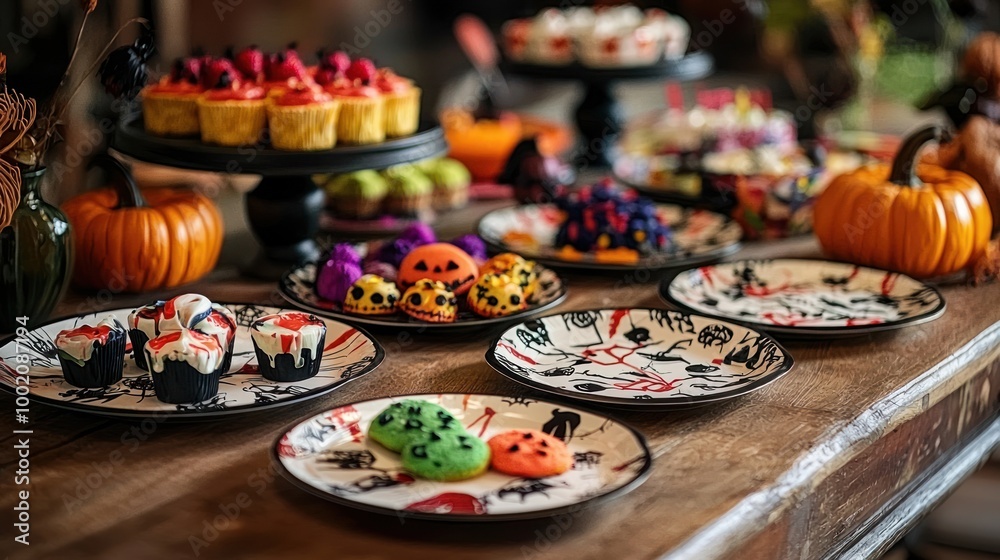 A beautifully set Halloween food table featuring plates adorned with spooky designs and colorful treats for guests A beautifully set Halloween food table featuring plates adorned with spooky designs and colorful treats for guests