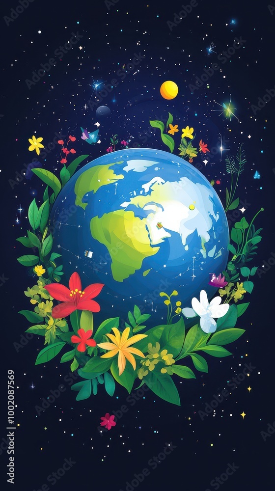 Fototapeta premium This artwork depicts a vibrant planet thriving with life, highlighting science and sustainability
