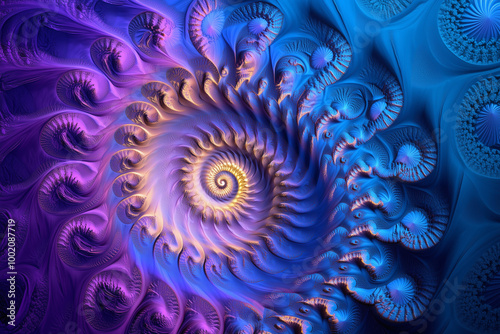 Vibrant fractal spiral design in purple, blue, and gold tones, creating a mesmerizing abstract visual effect of swirling geometric shapes