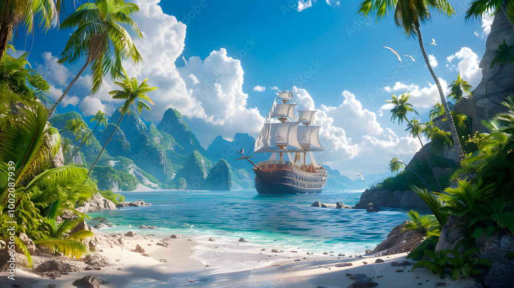 Naklejka premium Pirate adventure on the high seas. Large pirate ship making its way to the bay of a tropical island.