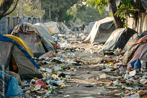 tents in the city and pile of garbage around