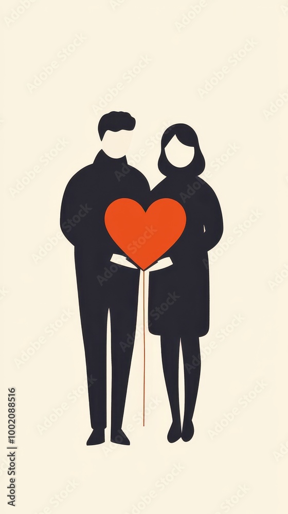 A couple holds a heart together in a minimalist Valentine's Day design A couple holds a heart together in a minimalist Valentine's Day design