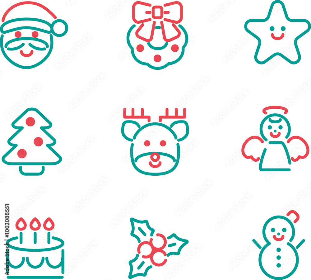 Fototapeta premium クリスマス アイコン ピクトグラム あしらい 飾り 絵文字 シンプル かわいい イラスト素材セット