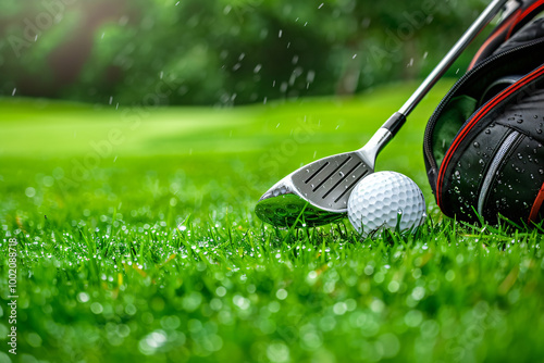 golf ball, club and bag on the green grass photo