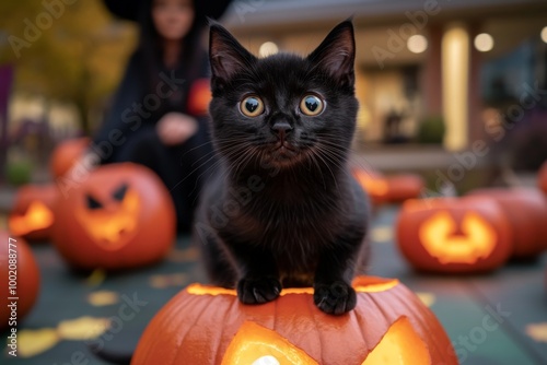 A witchâ€™s black cat sitting on a glowing jack-oâ€™-lantern, with the witch herself in the background, preparing for Halloween night