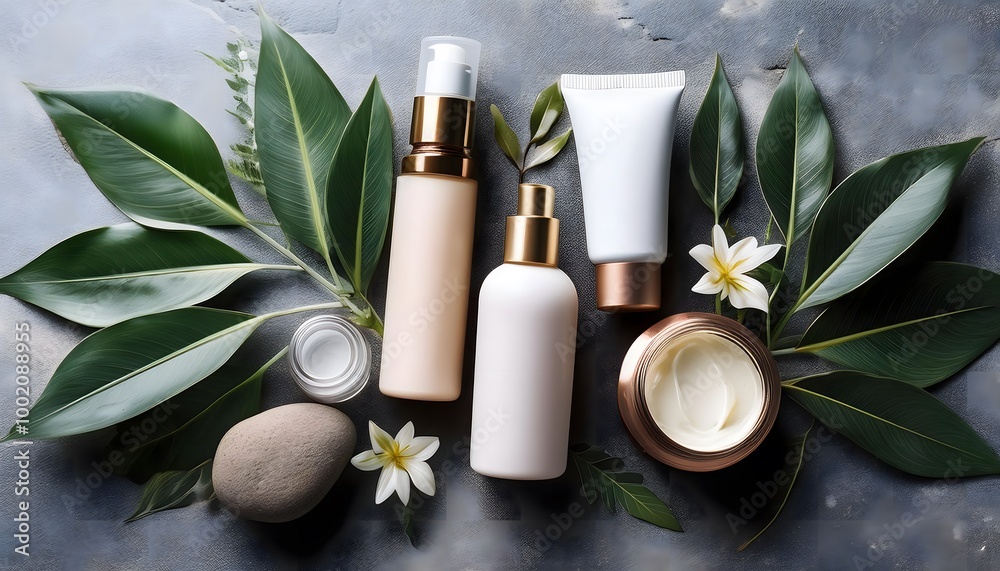 Skincare Set with Green Leaves on Stone Skincare Set with Green Leaves on Stone