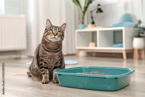 cute cat sitting near litter box photo