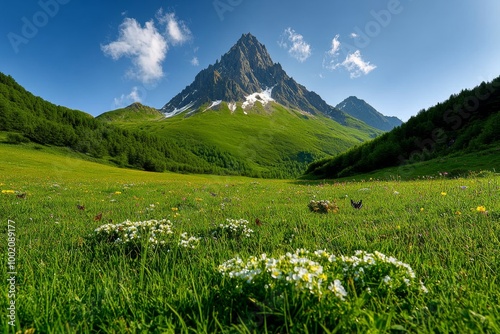 An alpine meadow rich in biodiversity, with wildflowers, butterflies, and mountain wildlife coexisting in harmony among the high peaks