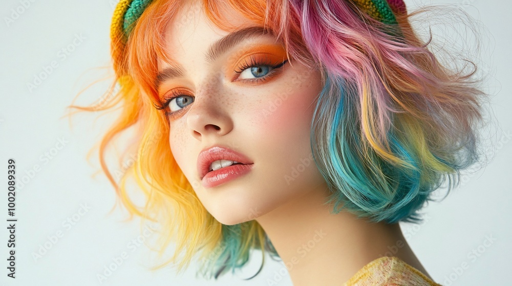 Fototapeta premium Close-up portrait of a young woman with colorful hair.