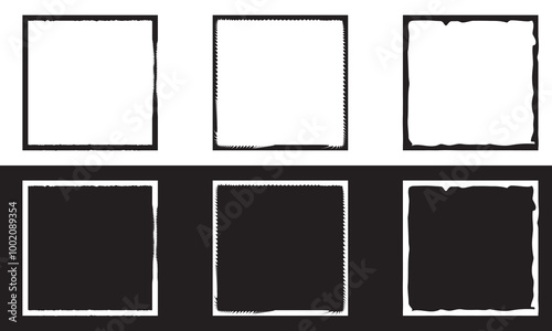 Grunge photo frame template collection. Rectangular old rough edge effect border for picture overlay.   Vector illustration isolated on white and black  background. EPS 10