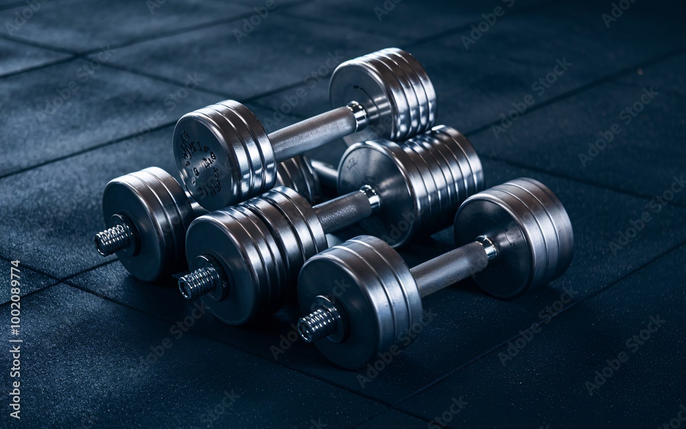 Four chrome dumbbells lie on a dark blue gym floor. Four chrome dumbbells lie on a dark blue gym floor.