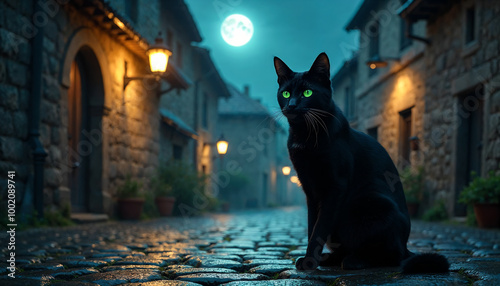 Mysterious Black Cat on Cobblestone Street Under Moonlight