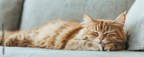 A cozy orange cat peacefully sleeping on a soft couch, showcasing tranquility and relaxation in a home environment. photo