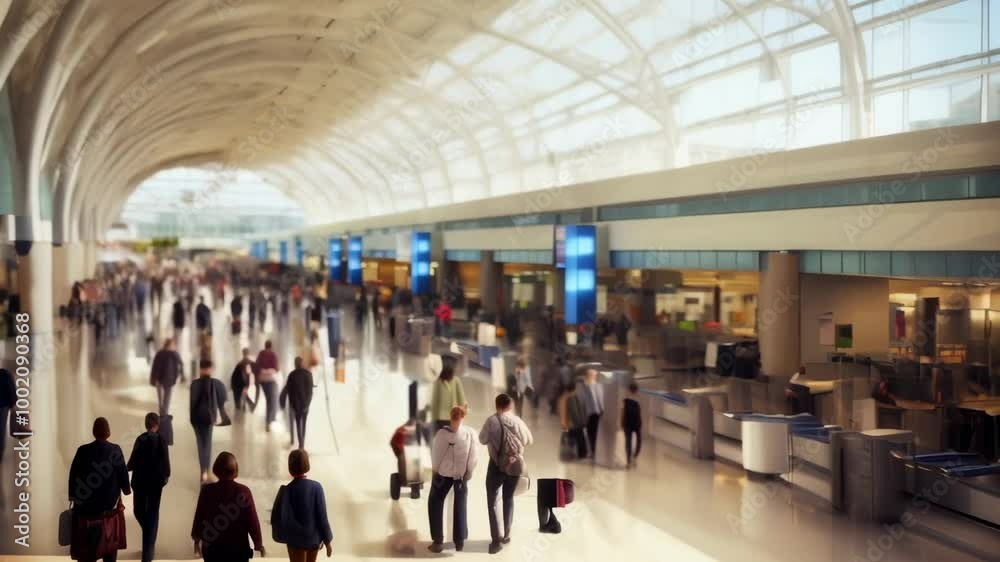 Busy modern airport terminal on a sunny day with travelers rushing to flights, diverse crowd carrying luggage, sleek architecture embodying travel excitement