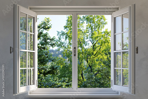 open pvc window frame with view on trees