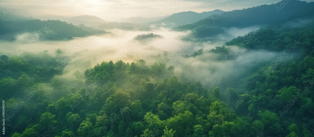 Misty morning in a lush green forest with sun shining through the clouds. Misty morning in a lush green forest with sun shining through the clouds.