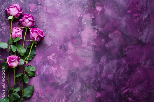 magenta roses with copy space for text on purple background