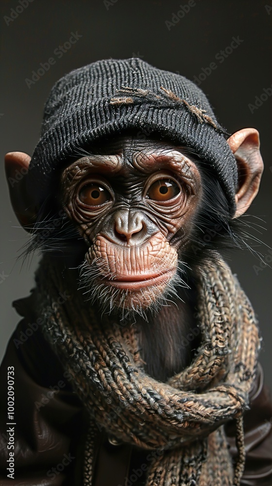 Cute Chimpanzee Wearing a Beanie and Scarf