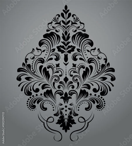 Damask graphic ornament. Floral design element. Black and gray vector pattern