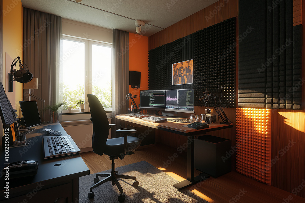 Fototapeta premium Spacious Desk and Premium Equipment Define a Professional Podcast Studio Setup