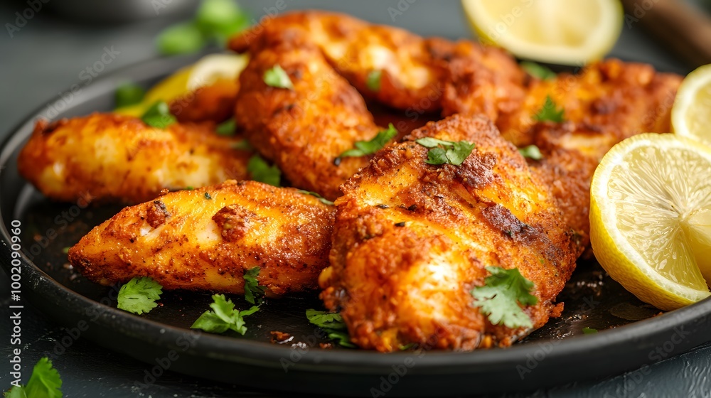 Fototapeta premium A platter of spicy and crispy masala fish fry served with lemon wedges