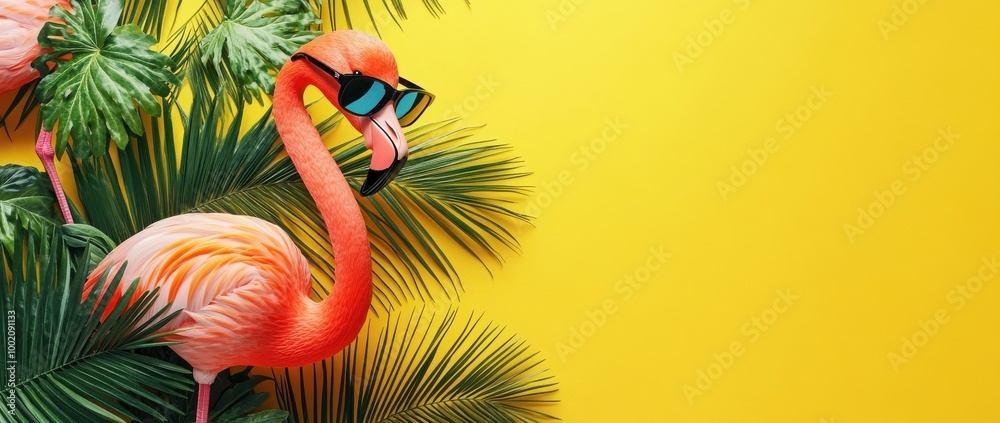 Flamingo Standing by Tropical Palm Leaves on Yellow Background
Flamingo Standing by Tropical Palm Leaves on Yellow Background