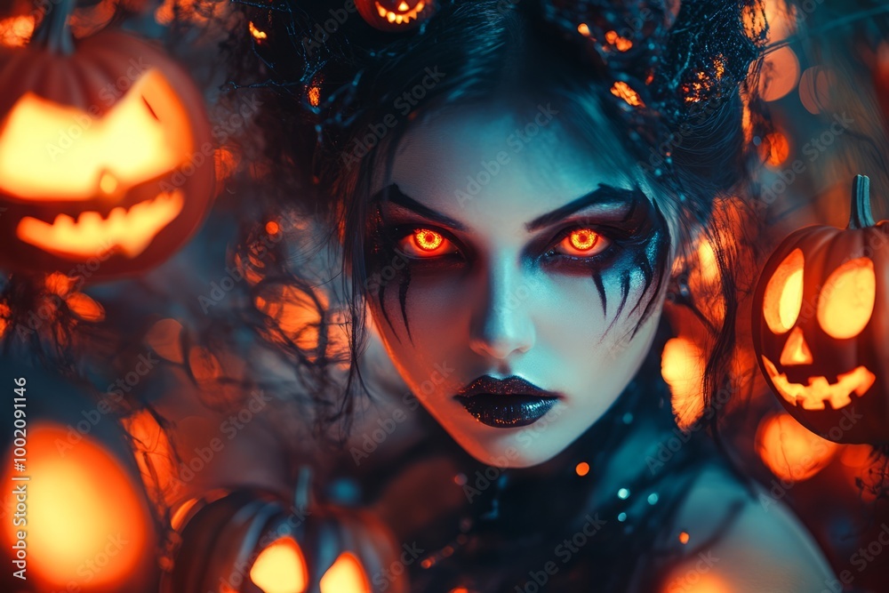 Halloween-themed portrait of a woman surrounded by glowing jack-o'-lanterns. Halloween-themed portrait of a woman surrounded by glowing jack-o'-lanterns.
