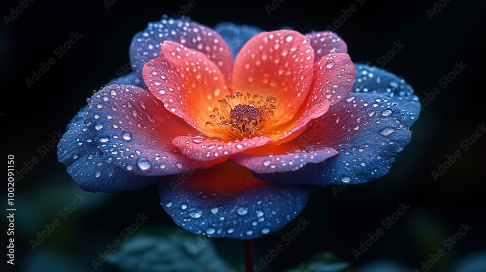 Vibrant rose flower with blue petals and water droplets, macro photography Vibrant rose flower with blue petals and water droplets, macro photography