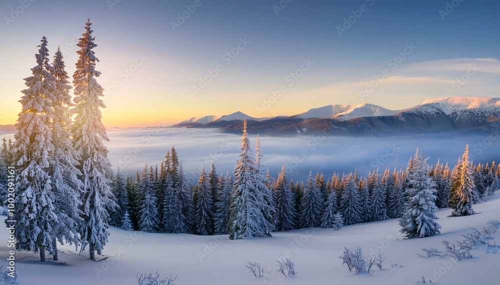 Obraz premium Winter landscape with frosty trees and a mountain view suitable for a copy space. Beautiful winter landscape with snow-covered trees.Merry Christmas and Happy New Year greeting background 