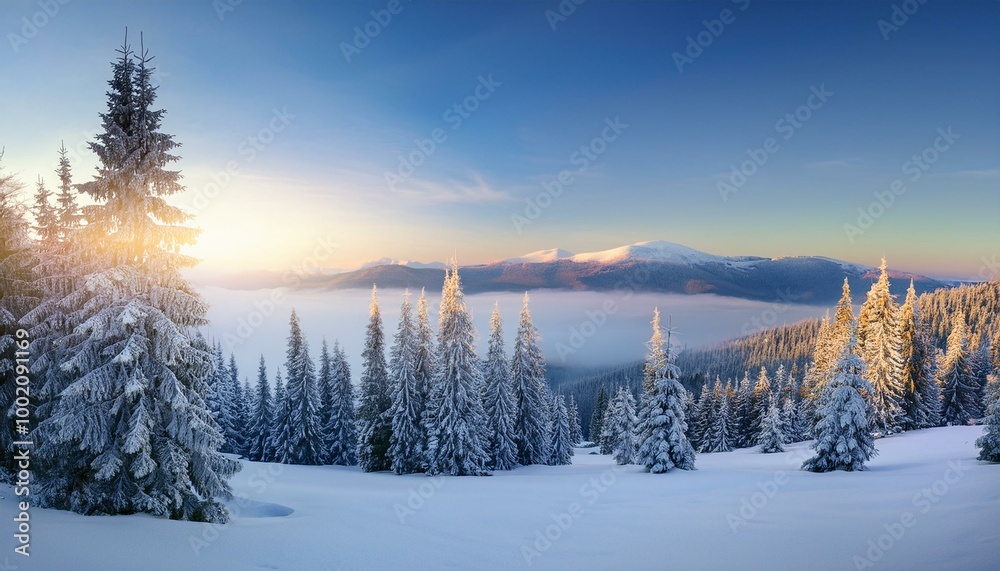 Winter landscape with frosty trees and a mountain view suitable for a copy space. Frosty winter landscape in a snowy forest. Christmas background with fir trees and a blurred background of winter. Winter landscape with frosty trees and a mountain view suitable for a copy space. Frosty winter landscape in a snowy forest. Christmas background with fir trees and a blurred background of winter.