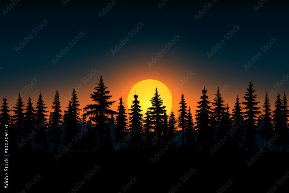 Geometric sunrise over a forest, with simple tree shapes and a glowing sun rising in the background, symbolizing a peaceful morning in a minimal style