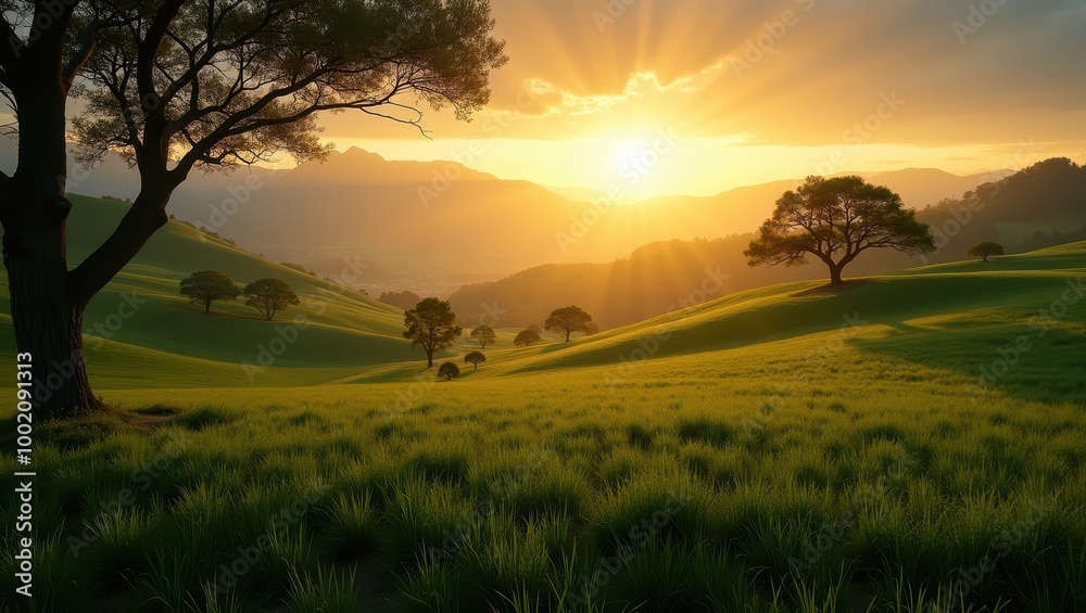 Golden Sunrise Over Rolling Hills and Trees Golden Sunrise Over Rolling Hills and Trees