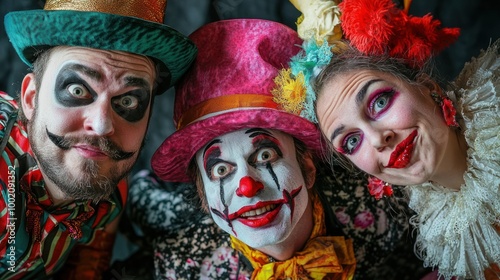 A close-up of a group of people posing in outrageous funny costumes, showcasing their creativity and sense of humor