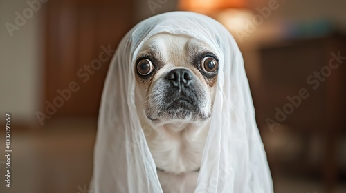 A close-up of a dog dressed as a spooky ghost for Halloween, showcasing its adorable personality in a festive outfit