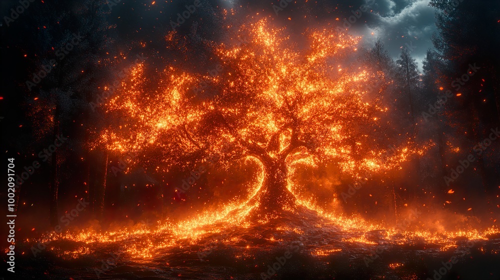 Burning Tree in a Dark Forest - Fire and Nature Burning Tree in a Dark Forest - Fire and Nature