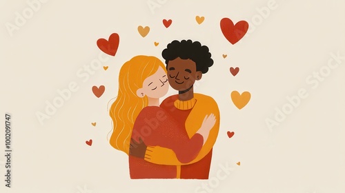 A couple joyfully hugs each other, surrounded by small hearts, conveying warmth and affection