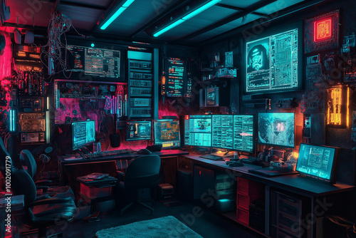 Wallpaper Mural High-Tech Gadgets Fill the Ultimate Cyberpunk Hackers' Den Torontodigital.ca