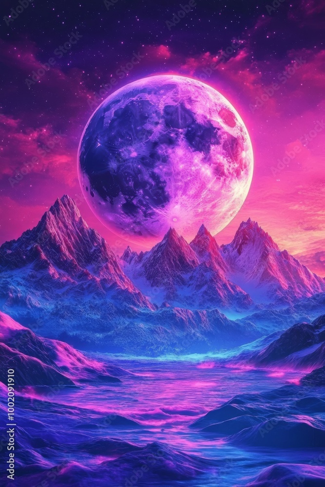 Majestic purple moonrise over snow-capped mountains reflecting in a tranquil lake during twilight hours Majestic purple moonrise over snow-capped mountains reflecting in a tranquil lake during twilight hours