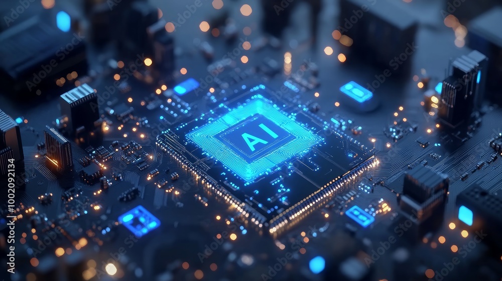 AI Computer chip in abstract digital hand. Artificial Intelligence innovation concept. Tech background. CPU chip in top view with AI letters light blue hologram. 3D semiconductor. Vector illustration AI Computer chip in abstract digital hand. Artificial Intelligence innovation concept. Tech background. CPU chip in top view with AI letters light blue hologram. 3D semiconductor. Vector illustration