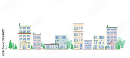 Illustration of a building, a cute pastel colored vintage style commercial building on a white isolated image for use in media production or maps. It is an urban community, urban society.