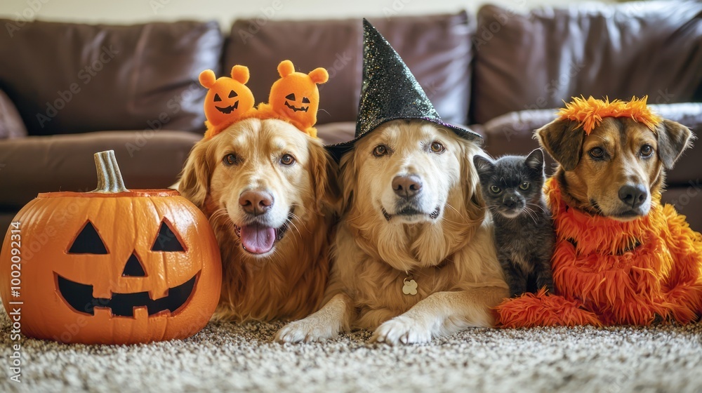 A heartwarming moment of a family taking photos with their pets in Halloween costumes, capturing memories of the celebration A heartwarming moment of a family taking photos with their pets in Halloween costumes, capturing memories of the celebration
