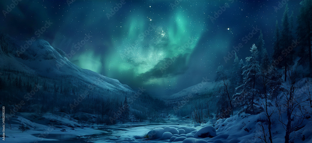 A winter landscape at night, the northern lights dancing above in the longest night of the year A winter landscape at night, the northern lights dancing above in the longest night of the year