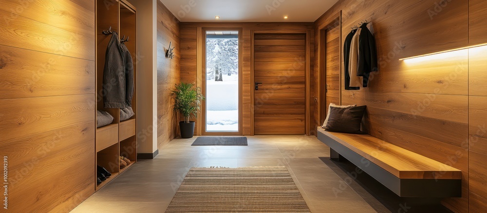 Modern hallway with wooden walls, a bench, a coat rack, and a door leading to the outside. Modern hallway with wooden walls, a bench, a coat rack, and a door leading to the outside.
