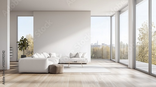 Bright minimalist living room with white sofa, large windows, and wooden flooring in a modern home.