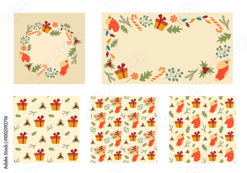 Set of frames seamless textures with a Christmas decorations elements. Sweets and gifts wallpaper and templates collection. Winter holiday celebrations. Traditional stockings and holly branches.
